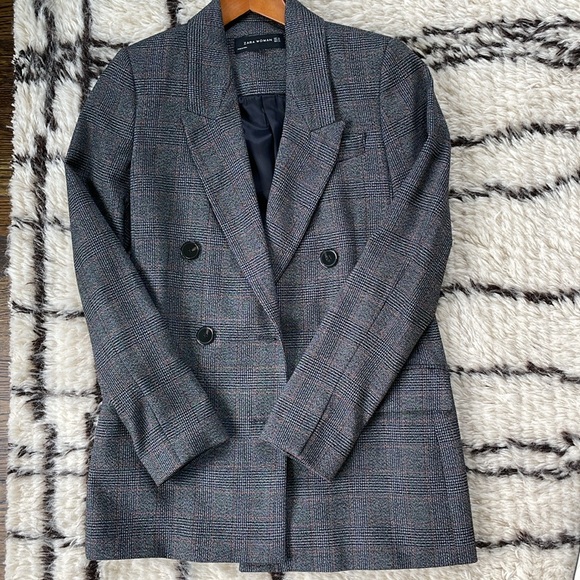 Zara Brown Checked Micro Plaid Double Breasted Overszied Blazer Size XS - Picture 2 of 4